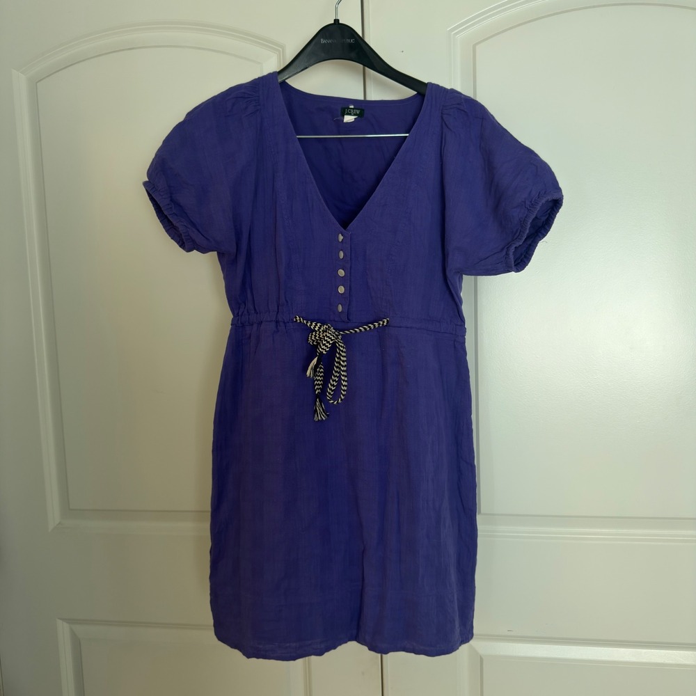 J. Crew Purple Cotton V-Neck Mini Dress with Rope Drawstring Waist Size 6